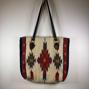 EL PASO SADDLE BLANKET CO. Wool & Leather Tribal Woven Blanket Tote Bag 17”x16”